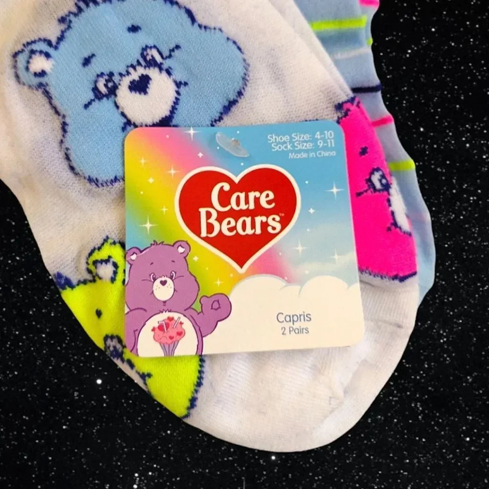 Care Bears‎ White Colorful Neon Print 2 Pairs Nylon Capri Socks NWT Nostalgia